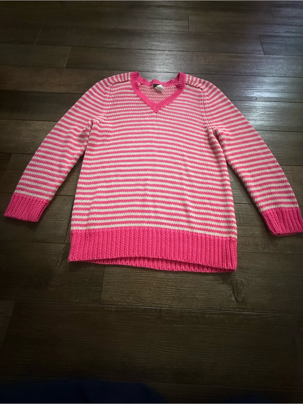 J. Crew Pink and White Striped V-Neck Sweater